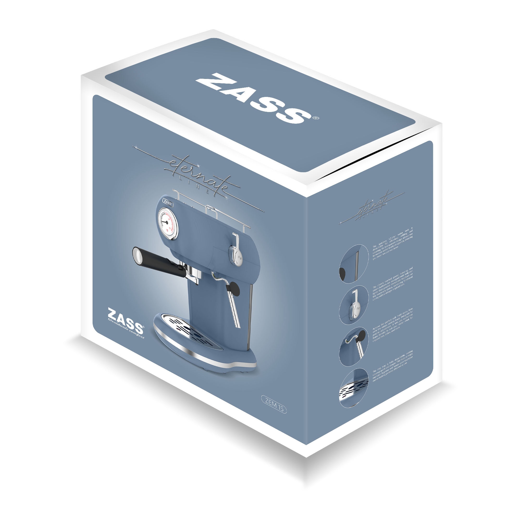 Expresor cafea Zass ZEM 15, 1100 W, 15 bar, rezervor 1.2 L, 2 cesti, Faded Denim