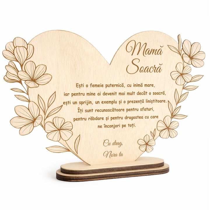 Decoratiune Cadou Mama Soacra in Forma de Inima, Design Floral, Placheta cu Mesaj Standard