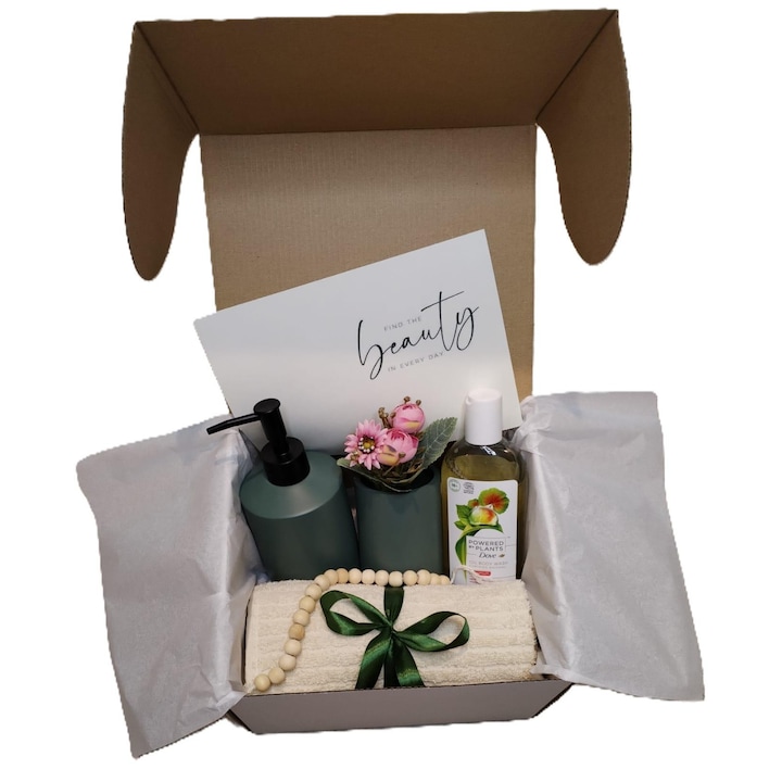 Cutie cadou set Beauty & Relax, gel de dus, dozator reutilizabil, pahar decorativ, prosop bumbac, multicolor