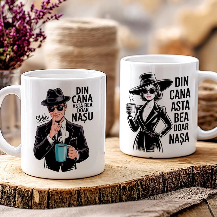 Set 2 cani personalizate, ceramica alba, 330ml, mesaj Nas/Nasa