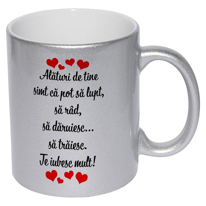 Cana personalizată ceramica argintie, capacitate 330 ml, mesaj "Alături de tine", design romantic