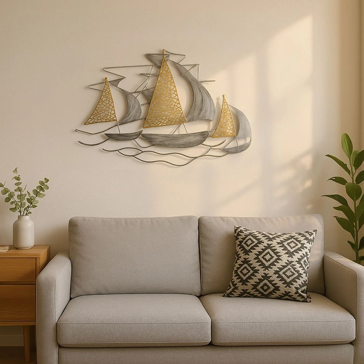Декорация за стена Кораб от метал, сребристо-златист, с матиран ефект, 68x51 см, Метална картина за всекидневна, коридор, балкон, тераса