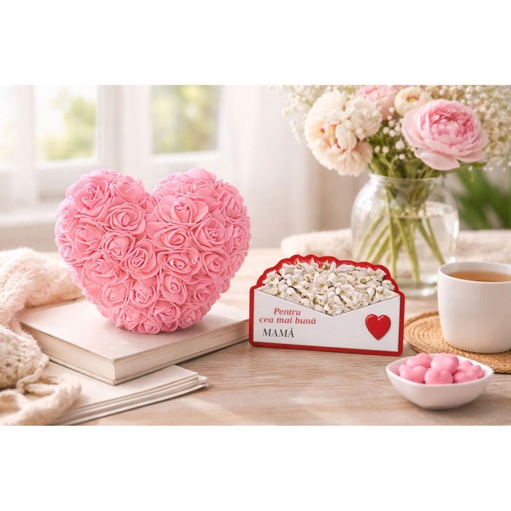 Персонализиран подарък, декорация сърце от рози, цветя от пяна, 15x15см