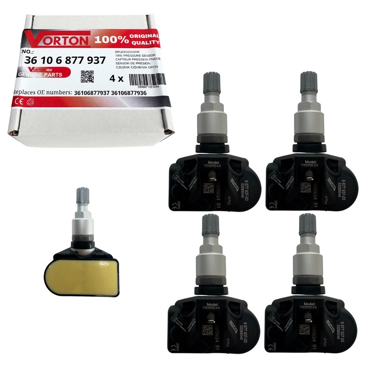 Set 4 Senzor de presiune in pneuri TPMS preprogramat VORTON Supapa roata argint pentru BMW Serie 1 F40 F70 2 F44 G42 3 G20 G21 G28 4 G22 G23 G26 5 G60 MINI Aceman J05 Cooper C S F65 F66 E J01 SE