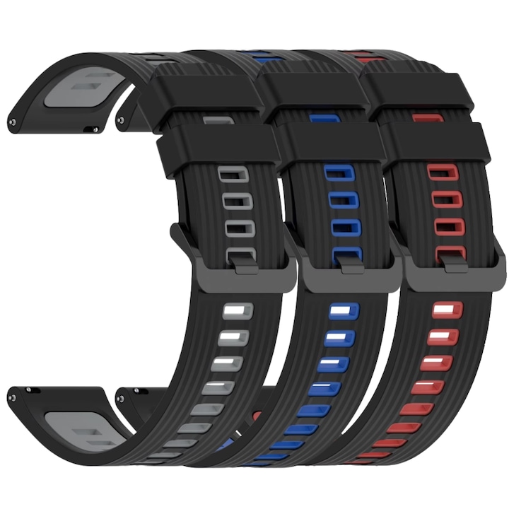Set 3x curea din silicon compatibila cu Huawei Watch GT2 GT3 GT4 GT5 GT6 Pro 46mm 48mm, Garmin Venu 2 3 4 45mm, Redmi Watch 5 Lite / Active, Samsung Galaxy Watch 46mm, 3 45mm, Gear S3, Amazfit GTR GTR2, Xiaomi Mi Watch, 22 mm, Negru