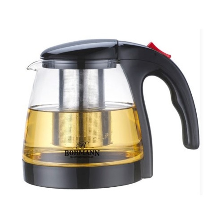 Ceainic cu infuzor, Ceainic din sticla cu infuzor, Design ergonomic, capacitate 1300ml, cu filtru detasabil, Caldura si rezistenta la rece, Usor de curatat, Pentru ceaiul in floare si ceaiul din frunze libere, Sticla, Transparent