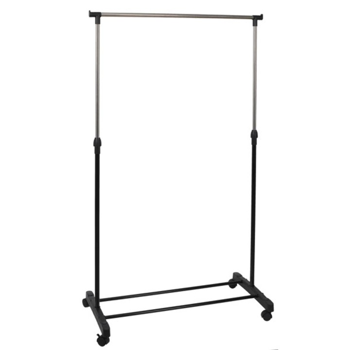 Suport haine metalic cu roti, JE CHERCHE UNE IDEE, 80 x 43 x 160 cm, structura din fier, baza din PP, negru crom