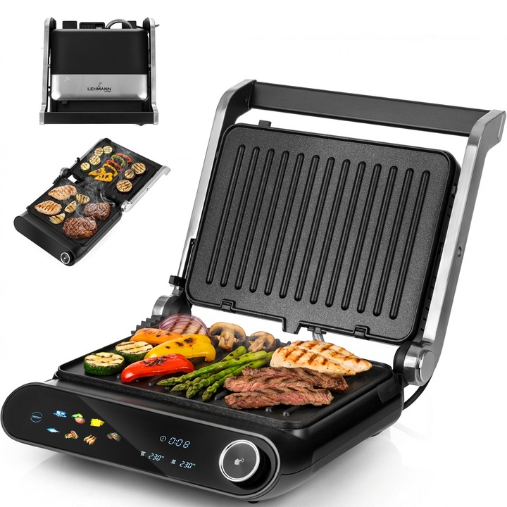 Gratar electric Lehmann Rotti 2200 W, afisaj tactil color, placi detasabile antiaderente, 10 programe, control independent placi, cronometru, auto-oprire, detectare grad gatire, deschidere 180°, 34,4x16x34 cm, 5,06 kg, negru-argintiu