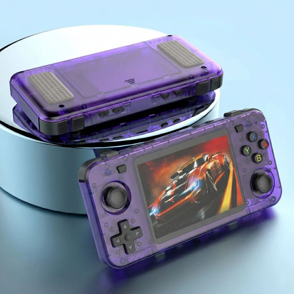 Consola retro portabila R36H 64GB cu jocuri, quad core Cortex-A53 1.5GHz, 1GB DDR3, IPS LCD 3.5" 640x480, 3000 mAh, mov transparent