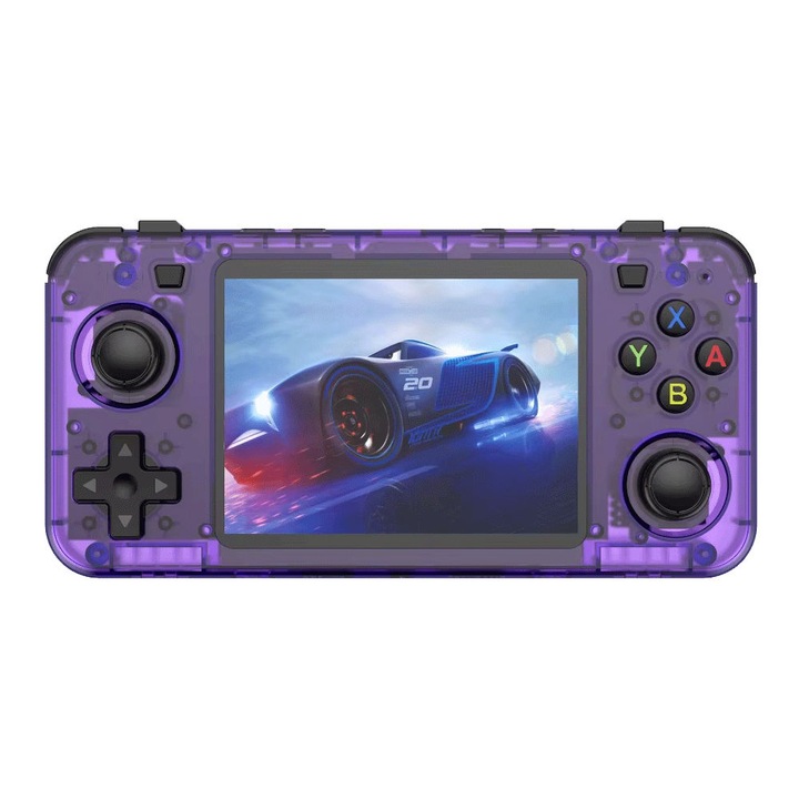 Consola retro portabila R36H 64GB cu jocuri, quad core Cortex-A53 1.5GHz, 1GB DDR3, IPS LCD 3.5" 640x480, 3000 mAh, mov transparent