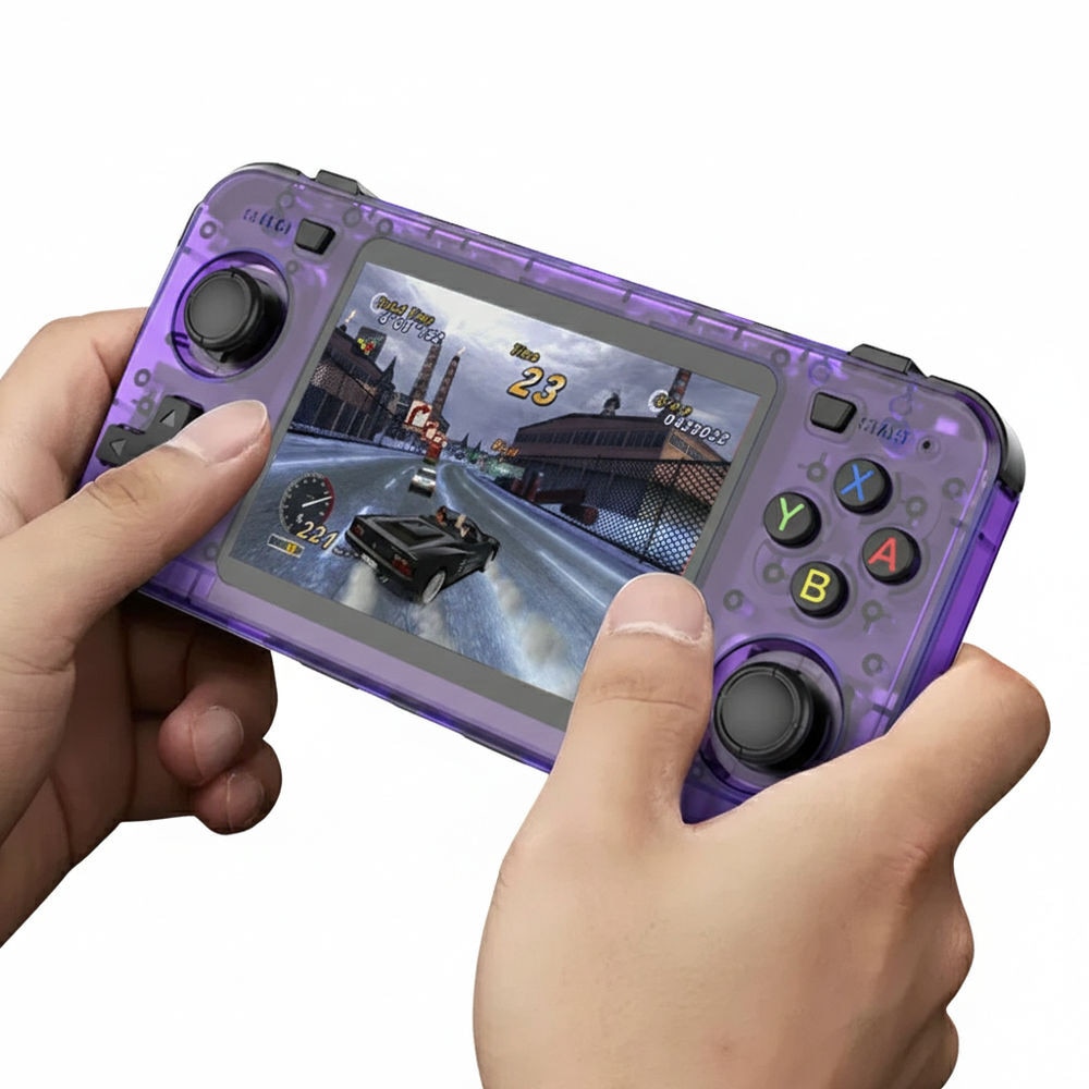 Consola retro portabila R36H 64GB cu jocuri, quad core Cortex-A53 1.5GHz, 1GB DDR3, IPS LCD 3.5" 640x480, 3000 mAh, mov transparent