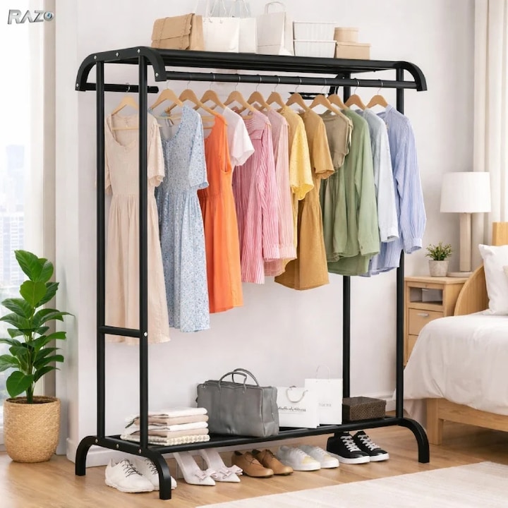 Suport dublu haine metalic RAZO, 2 rafturi, Bara dubla, Capacitate 50 kg, Design arcuit, 148x50,5x109 cm, Negru