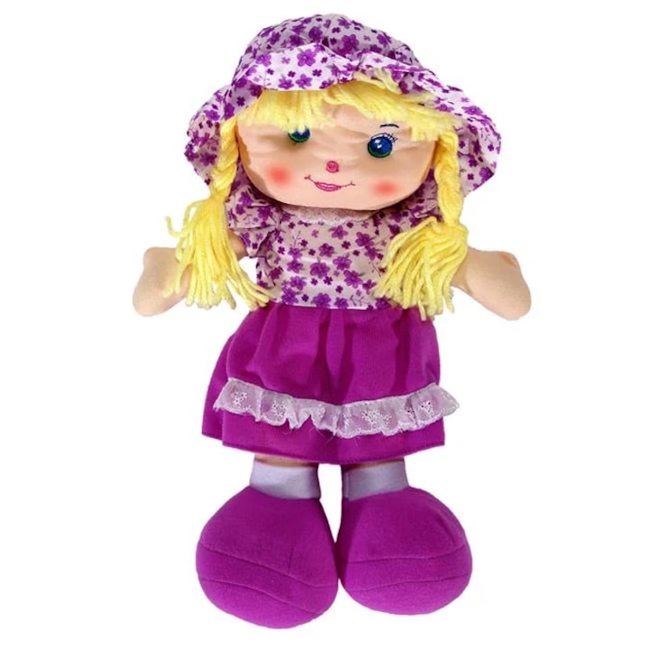 Papusa textila adorabila cu codite blonde, maini si picioare flexibile, 32 cm, mov
