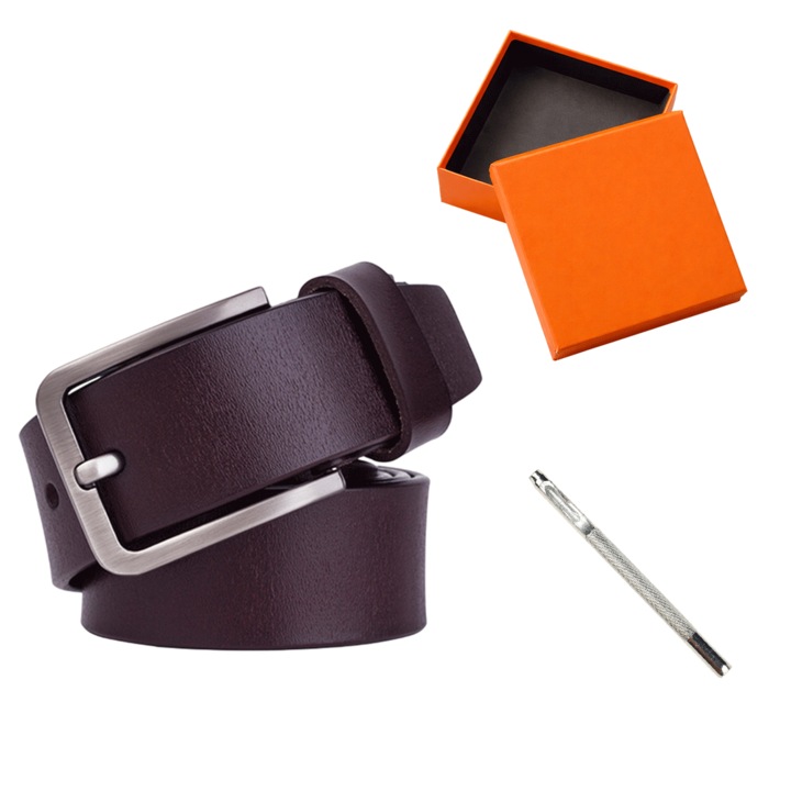 Prémium valódi bőr öv szett férfiaknak, modern fém csattal, lyukasztóval és elegáns díszdobozzal, Business Casual kiegészítő, ajándékötlet neki, születésnapra, ünnepekre, 120 cm, barna, Pristyle®