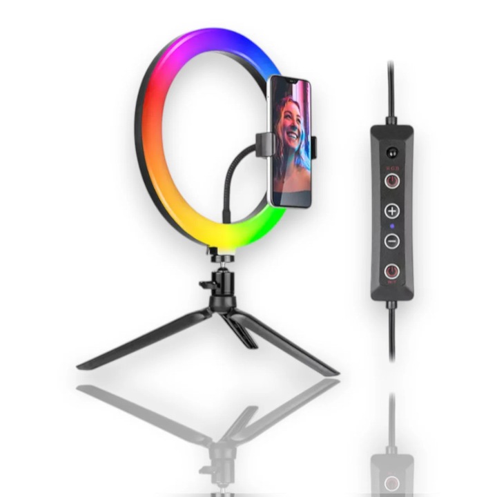 Lampa circulară LED RGB Cosmeticos, suport telefon și stativ reglabil, 26cm, multicolor