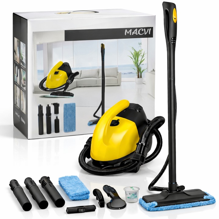 Aparat curatare Macvi® cu abur profesional pentru pardoseli si suprafete multiple, rezervor capacitate mare, incalzire rapida, reglare intensitate abur, accesorii complete, curatare eficienta