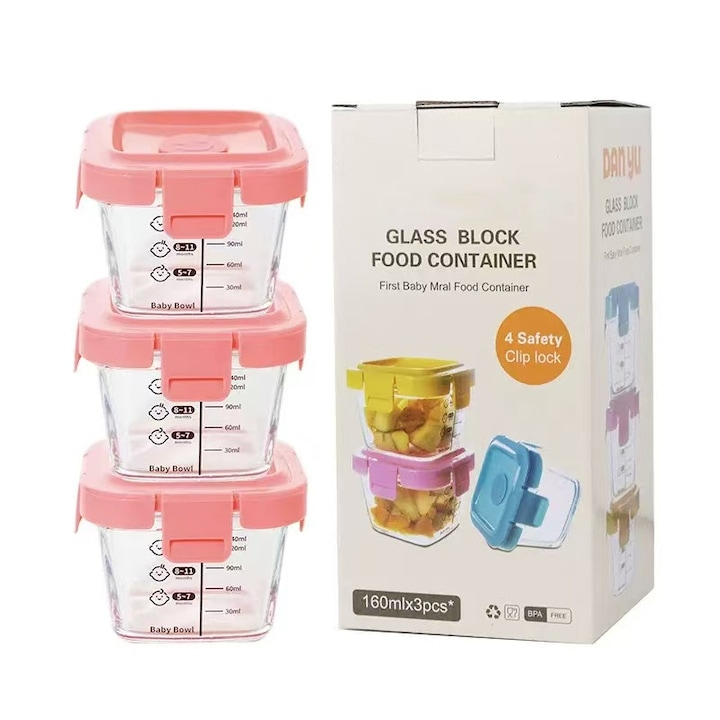 Set 3 borcane din sticla pentru hrana bebelusi cu capac, Cantar de 140 ml, roz, sigilate, reutilizabile, sigure pentru microunde si masina de spalat vase Pentru pastrarea gustarilor, piureului de fructe laptele matern Elemente esentiale pentru bebelusi