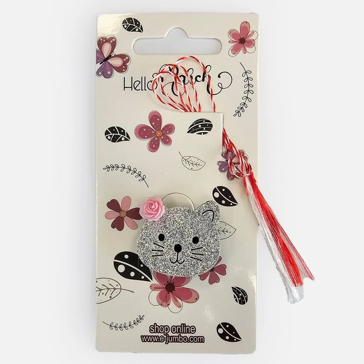 Martisor cu Cap de Pisica Glitter Argintiu si Trandafir Roz Brosa Decorativa de Primavara Cadou 1 Martie