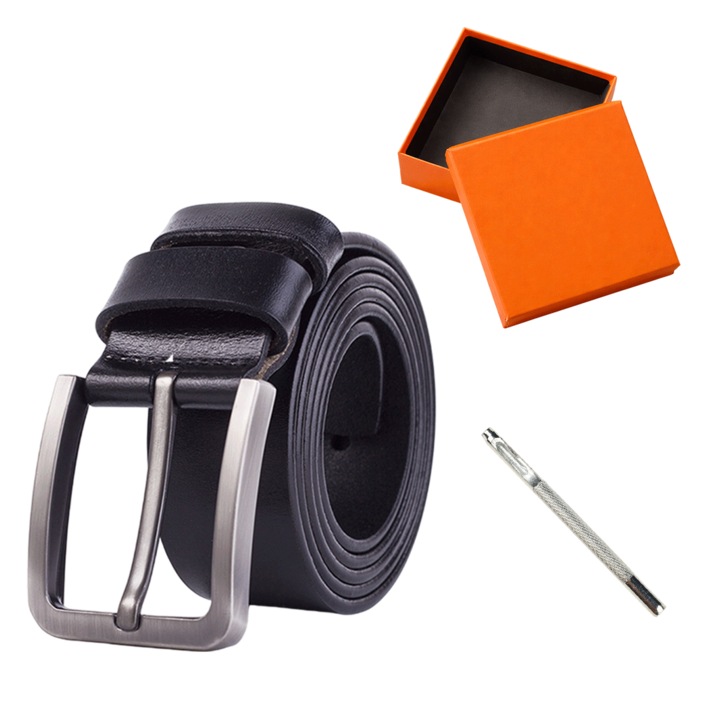 Prémium valódi bőr öv szett férfiaknak, modern fém csat, lyukasztó és elegáns díszdoboz, üzleti-casual kiegészítő, ajándékötlet neki, születésnapra, ünnepekre, 120 cm, fekete, Pristyle®