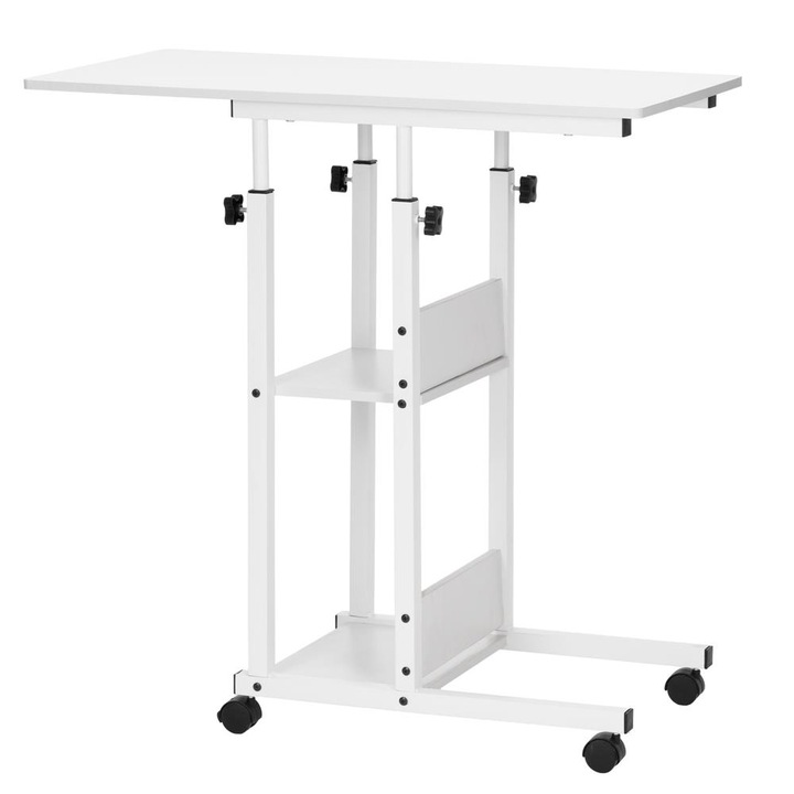Регулируемо по височина бюро с рафтове и колела, дървен плот и метална конструкция, 80x40x76-86 см, бяло