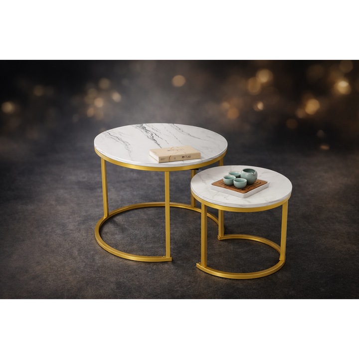 Set 2 mese cafea, EBA, design marmură albă, cadru auriu, rotund, dimensiuni 60x60x50cm și 40x40x40cm