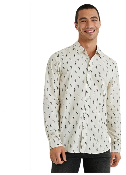 Férfi ing Desigual, krém, pamut, regular fit, művészi minta, hosszú ujjú