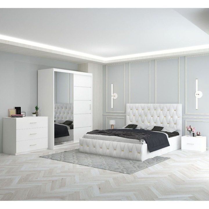 Dormitor AmzMob Eric Alb + Comoda 3 Sertare 160x200