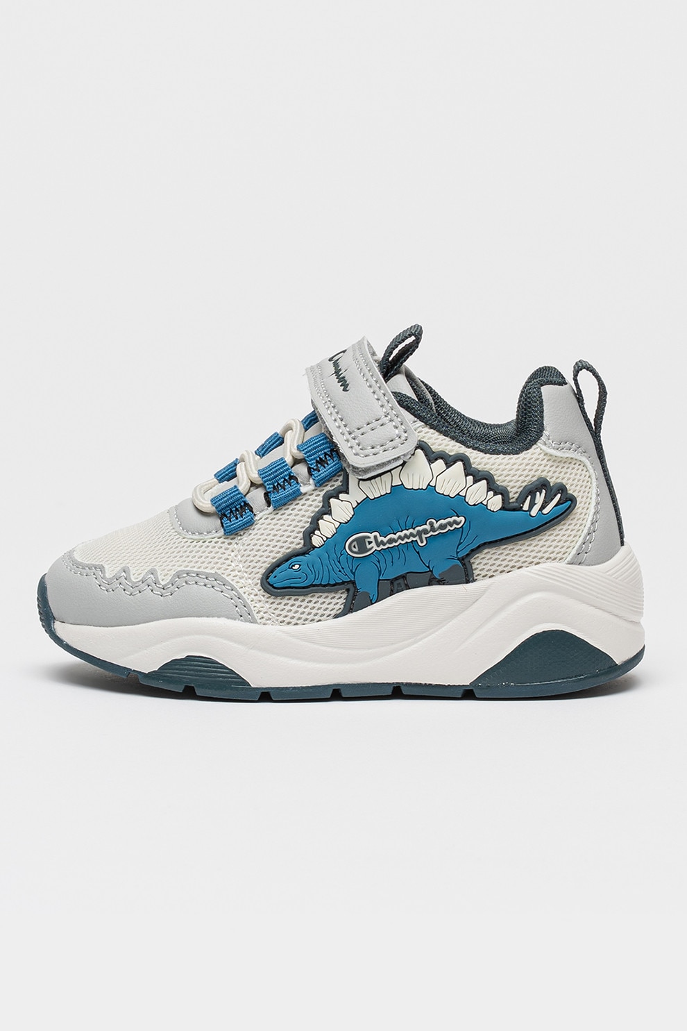 Champion, Pantofi sport Dino cu insertii din plasa si inchidere velcro, Gri deschis, Alb murdar, 22 EU