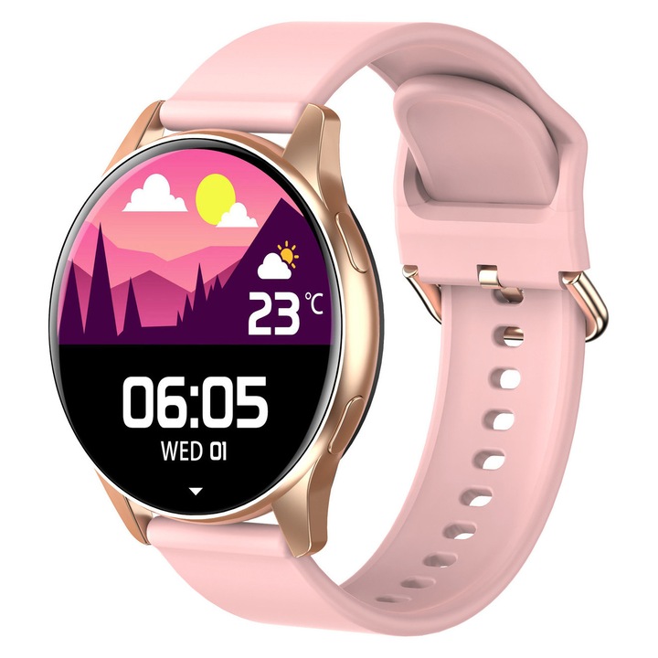 Smartwatch Forever SB-115 Lite Round, rose gold, curea silicon roz, ecran 1.3 inch, rezistență la apă IP67