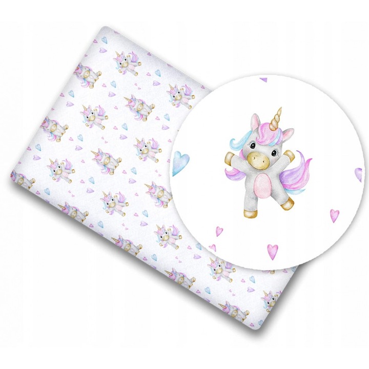 Cearceaf cu banda elastica pentru pat copii dimensiune 140 x 70 cm, 100% bumbac, BabyMam Happy Unicorn