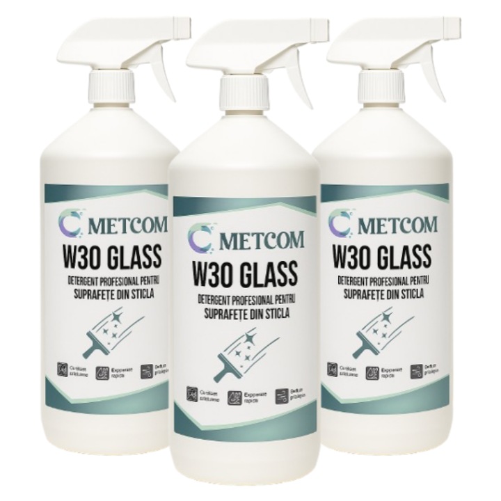 Pachet 3 x Metcom W30 Glass – Detergent profesional pentru suprafete din sticla, oglinzi si vitrine - Curatare fara urme 1000 ml