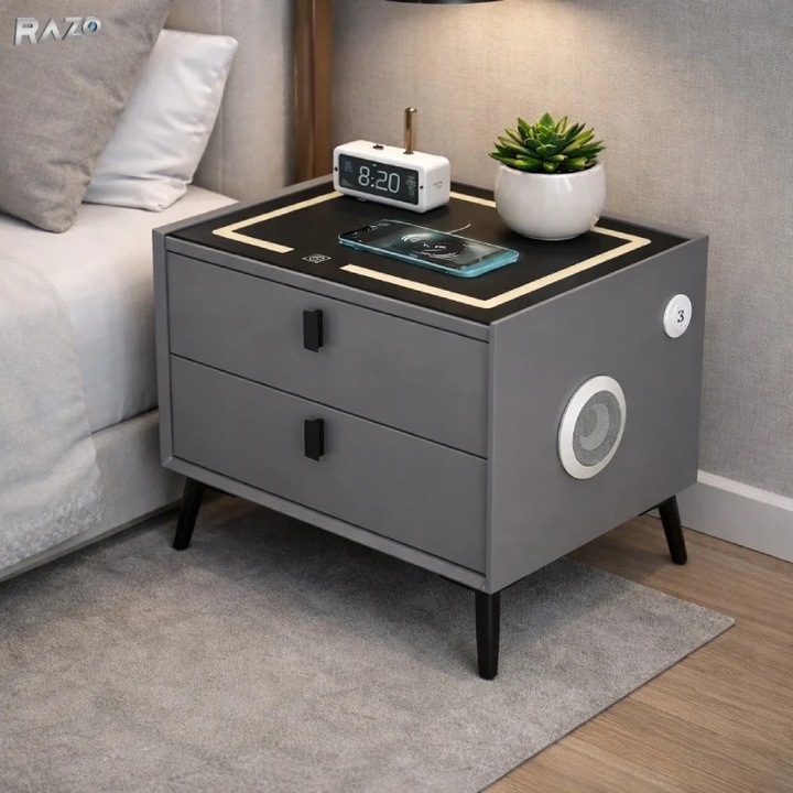 Noptiera RAZO multifunctionala, Iluminare LED, Tactila 3 culori, Incarcare wireless si USB, Boxa bluetooth, 2 sertare, Gri inchis