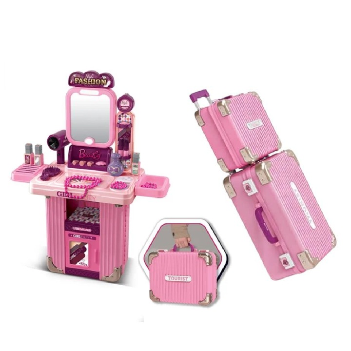 Set Valiza Machiaj Tip Masuta 3 in 1 Lumi LUXURY, cu oglinda luminata, roz, 48x24x62cm