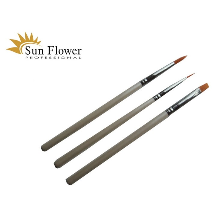 Комплект от 3 синтетични четки за нокти, Sun Flower, Кръгла № 3/ Кръгла №6/Права №6