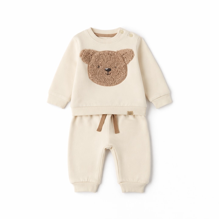 Set trening bebe baieti iDO 2 piese din bumbac gros peria bluza cu ursulet si pantaloni cu talie elastica, Bej deschis