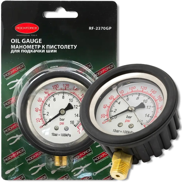 Manometru analogic pentru pomparea anvelopelor Rockforce 0-16 bar, umplere cu glicerina, compact, usor