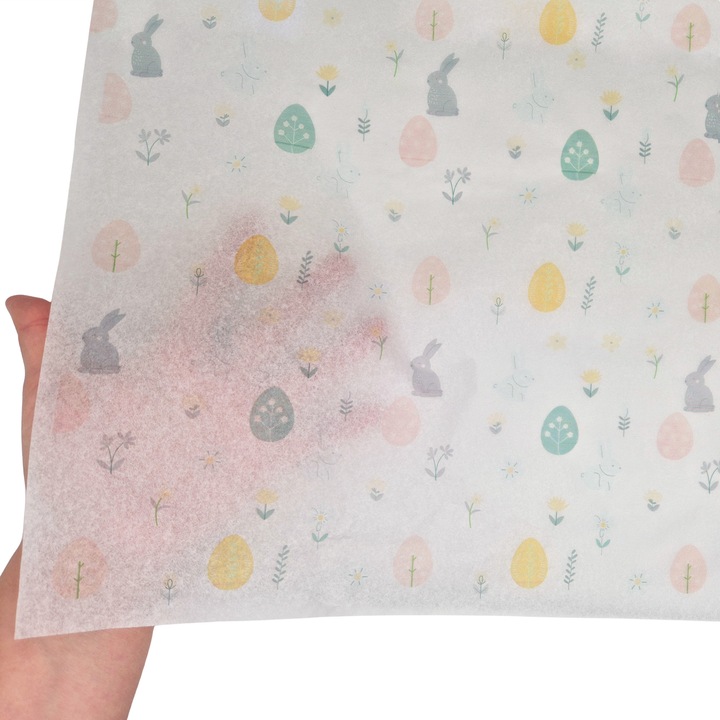 Set 25 bucati Hartie de matase model Paste Grey Bunny & Pastel Eggs, 17g, 50 x 75cm