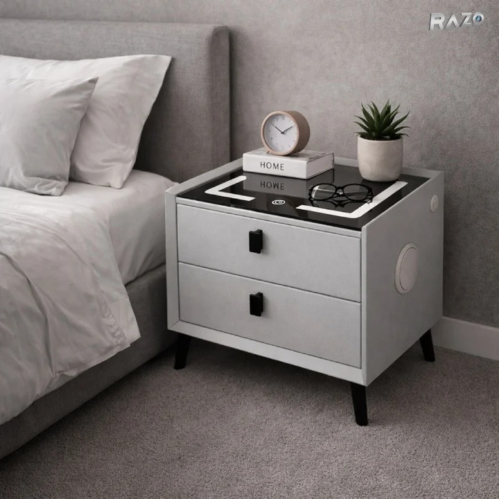 Noptiera RAZO multifunctionala, Iluminare LED, Tactila 3 culori, Incarcare wireless si USB, Boxa bluetooth, 2 sertare, Gri deschis