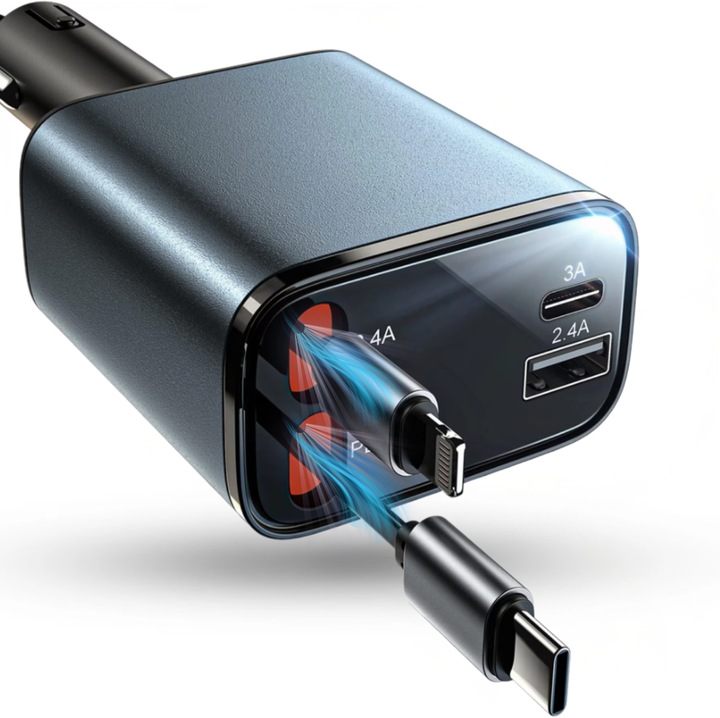 Incarcator Auto Retractabil 69W, Super Fast Charge, Cablu Retractabil Type-C + Lightning iOS, Mufa USB, USB-C, Rotatie 180°, Universal, Compatibil iPhone, Samsung, Huawei