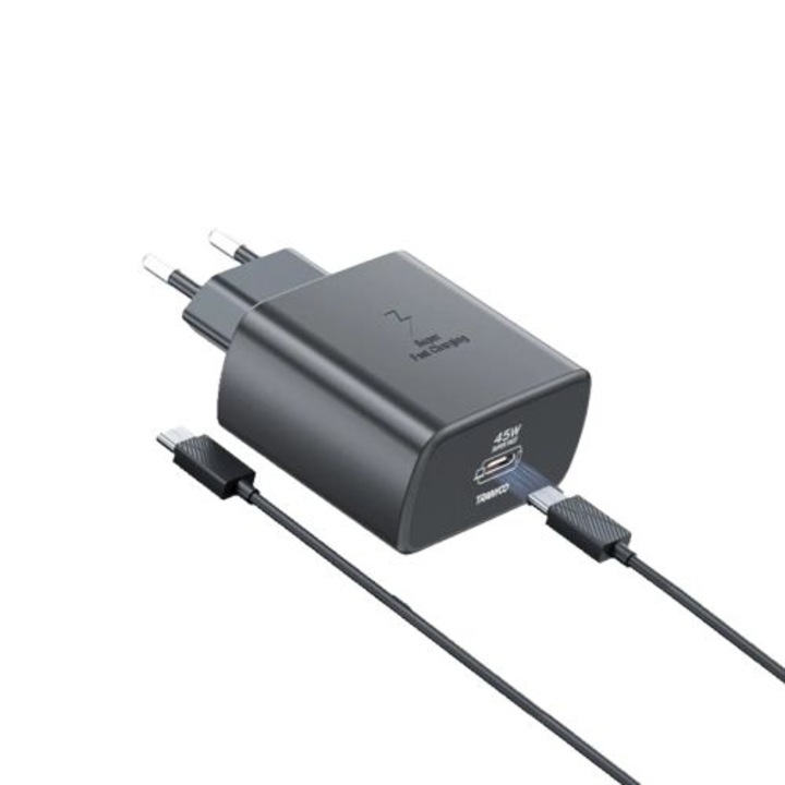 Tranyoo 45W Power Delivery fali töltő, USB-C, USB-C kábellel, fekete