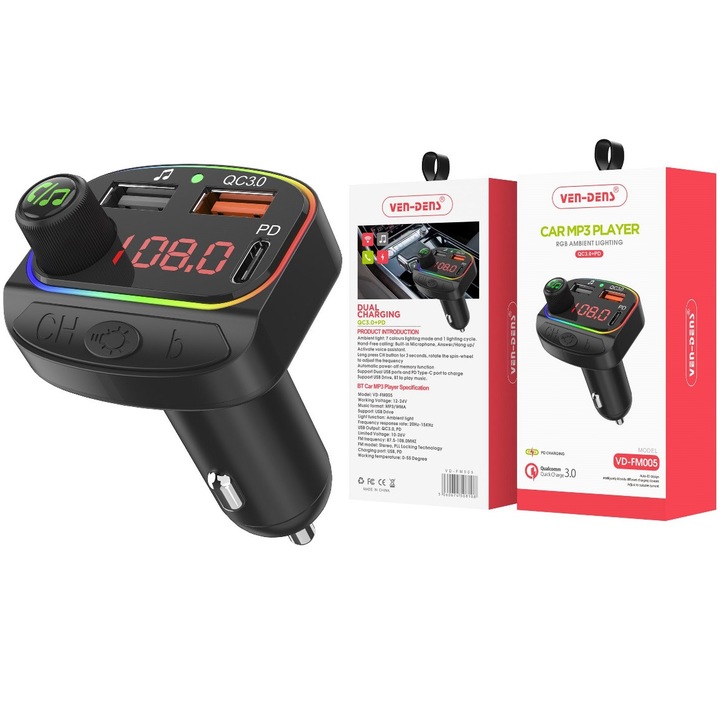 Încărcător auto și FM Player Izmael cu 2 porturi USB, PD 18W, negru