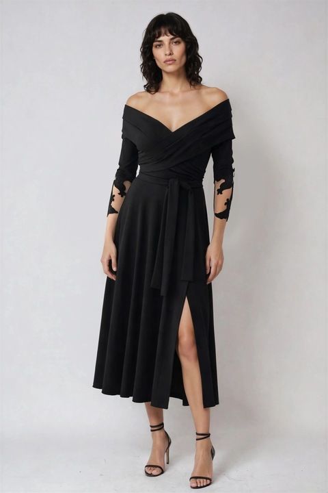 Alina Cernatescu, Rochie cu decolteu pe un umar si slit lateral, Negru