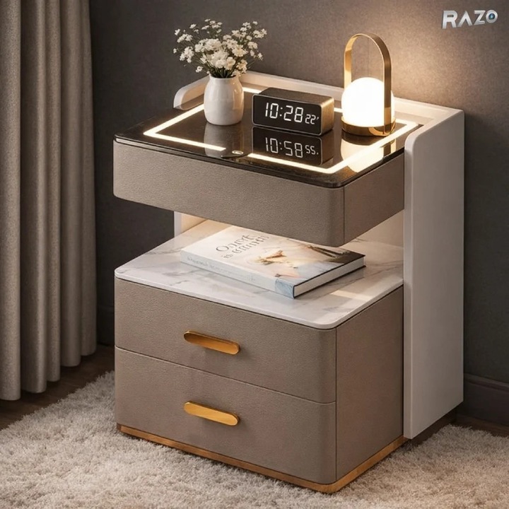 Noptiera RAZO inteligenta cu incarcare wireless, LED reglabil, Difuzor bluetooth, 3 sertare, Design modern, Maro-bej