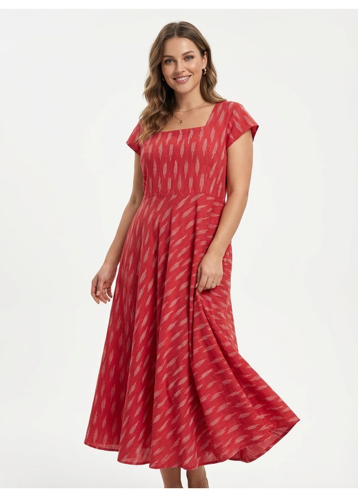 Rochie ampla din bumbac Ikat, rosu, marime L