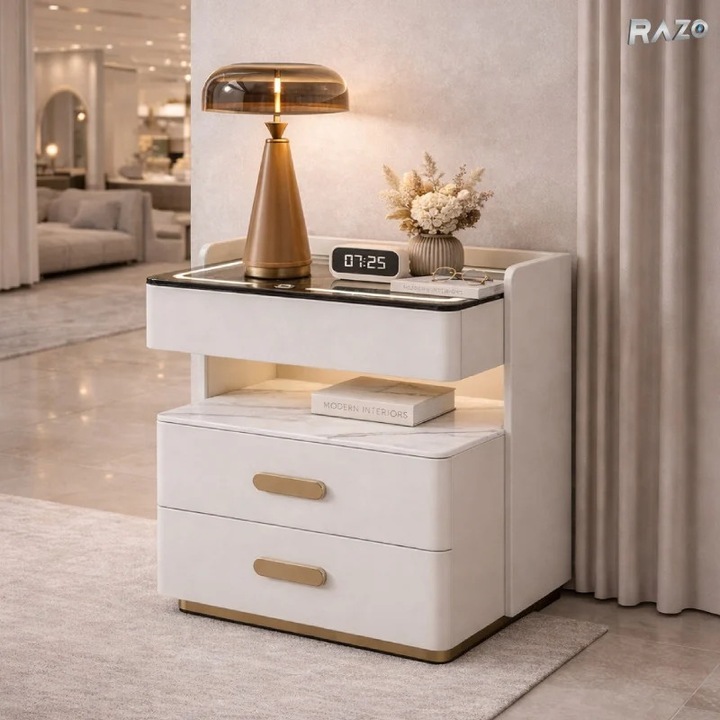 Noptiera RAZO inteligenta cu incarcare wireless, LED reglabil, Difuzor bluetooth, 3 sertare, Design modern, Alb murdar