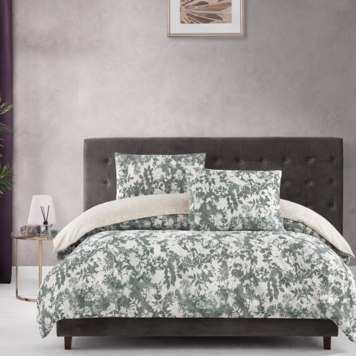 Lenjerie pat dublu, bumbac 100% ranforce, cearsaf de pat 240x260 cm, 4 piese, First Choice, Colin Verde cu frunze