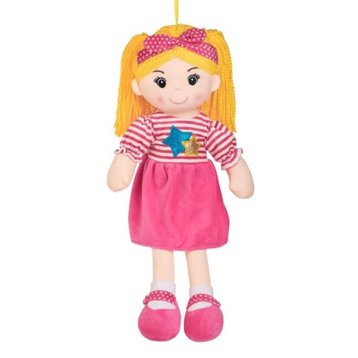 Papusa textila pentru fetite, rochita fucsia cu dungi, maini si picioare flexibile, 55 cm