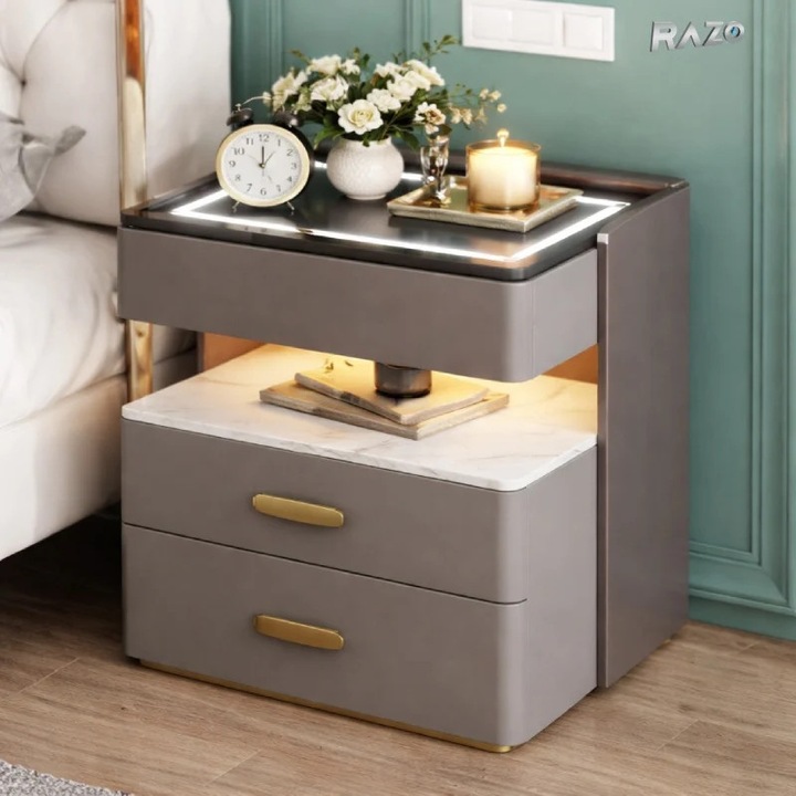 Noptiera RAZO inteligenta cu incarcare wireless, LED reglabil, Difuzor bluetooth, 3 sertare, Design modern, Gri inchis