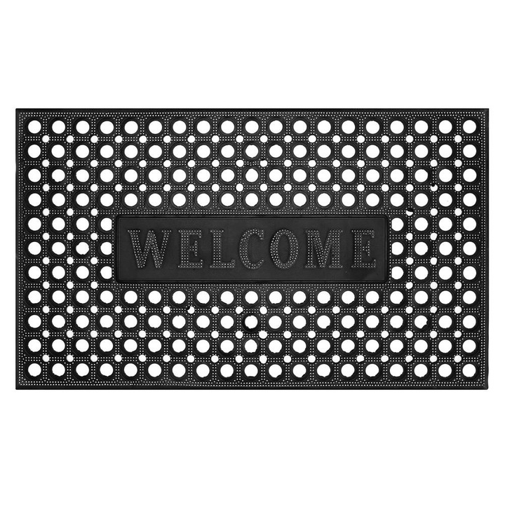 Perforált gumi lábtörlő bejárathoz, csúszásmentes PVC, Welcome, 45x75 cm, fekete