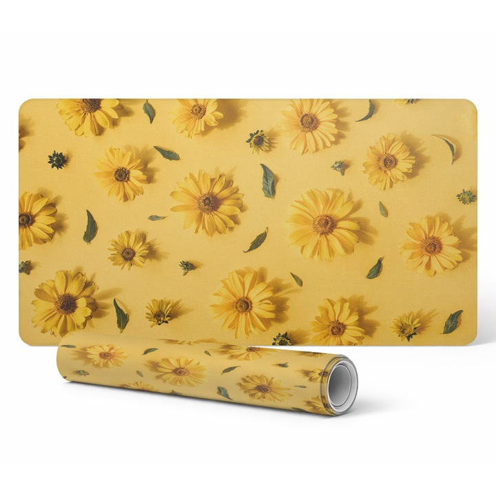 Protectie din vinil pentru birou, Tulup, mousepad model margarete, 120x60cm, rezistenta la decolorare, model flori